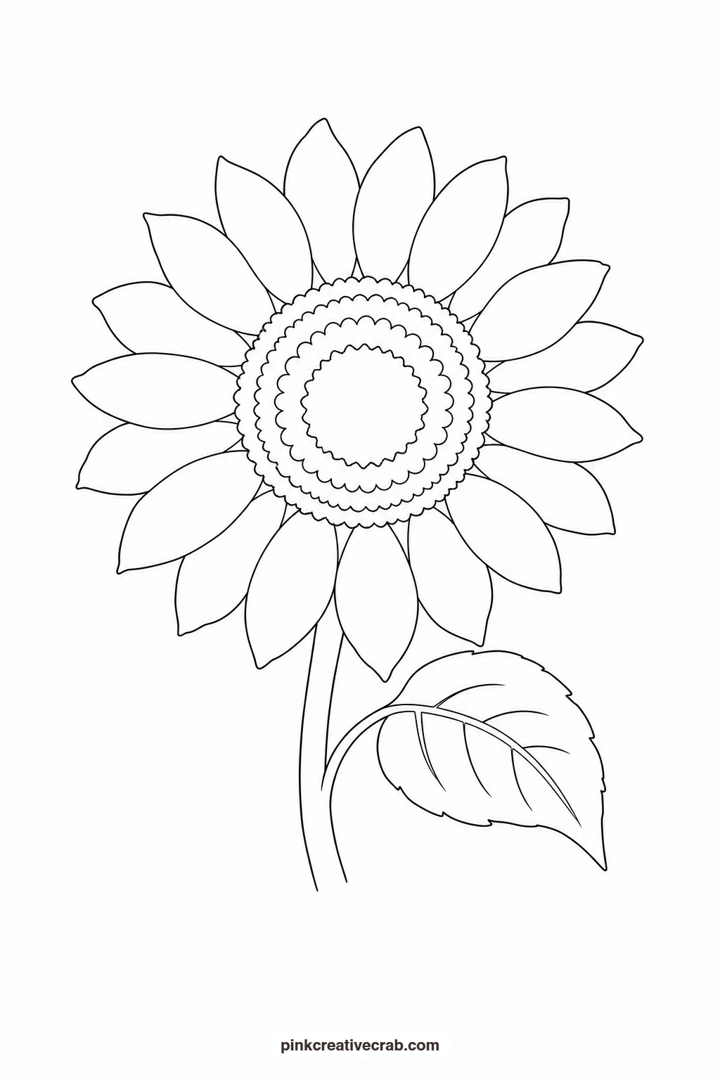 Sunflower Head With One Leaf Outline printable page. Flower template