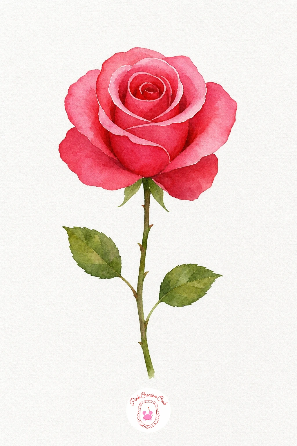 Single Rose on a Stem — Work from the tight center spiral outward with Permanent Rose, keeping the brush drier near the middle for crisper petal edges and