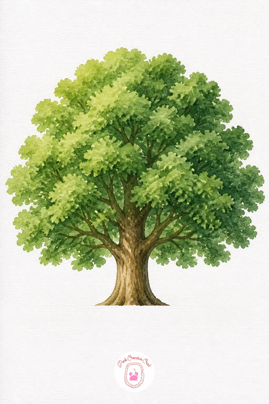 Round Oak Tree — Wet the whole canopy shape first and drop in sap green, letting it pool a little heavier at the bottom edge so the mass of leaves feels full