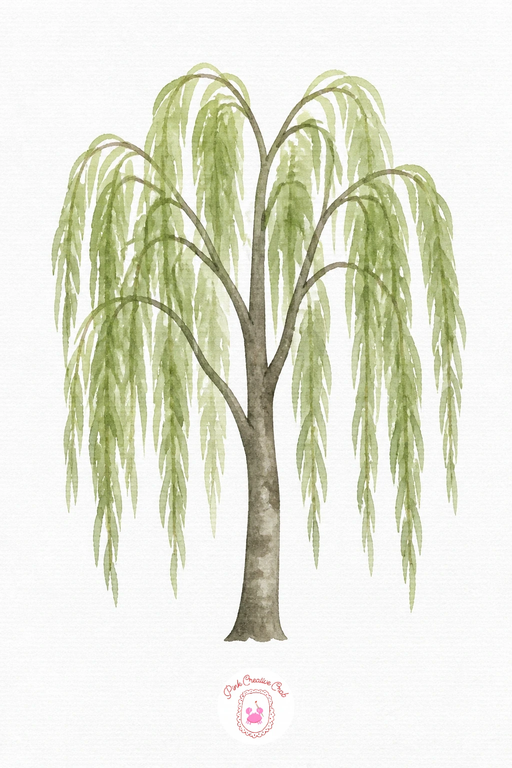 Weeping Willow — Start with the trunk and a few main branches in grey brown, then switch to a pale sage green for the long drooping fronds, pulling the brush