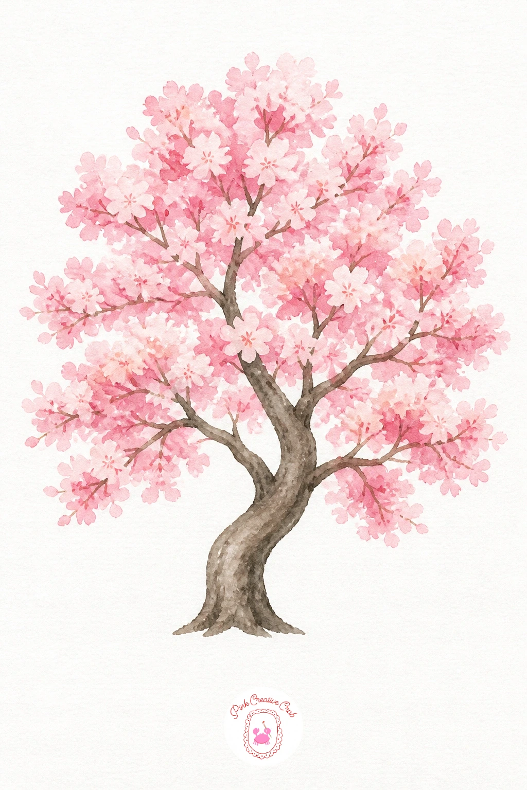 Cherry Tree in Bloom — Work the blossom canopy in rounded soft clouds rather than a solid shape, wetting each cloud lightly and dropping in pale pink so the
