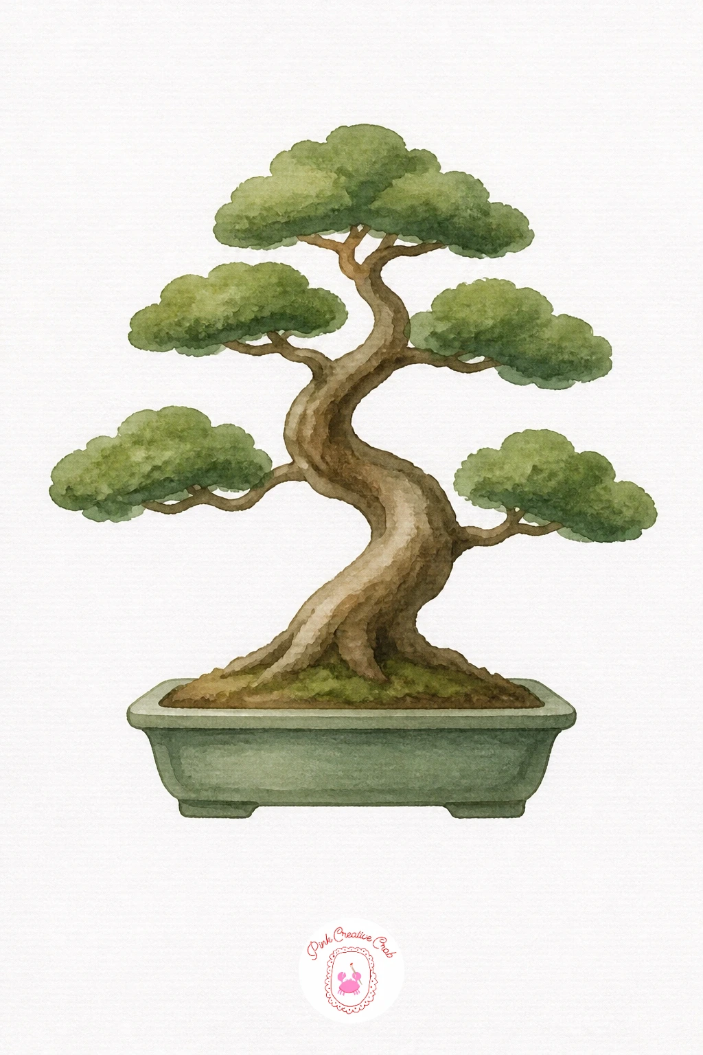 Bonsai Tree — Paint the flat cloud pads of foliage first in a muted sage green, keeping each pad a simple flattened oval rather than a fluffy round shape