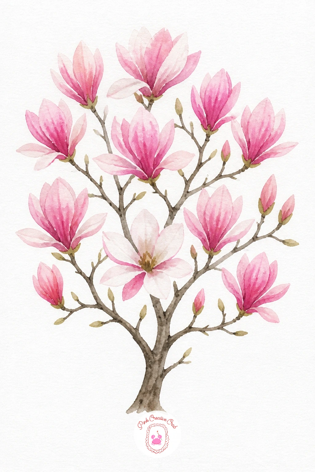 Magnolia Tree in Bloom — Paint the bare branches first in a warm grey brown, keeping them thin and a little angular. Watercolor trees
