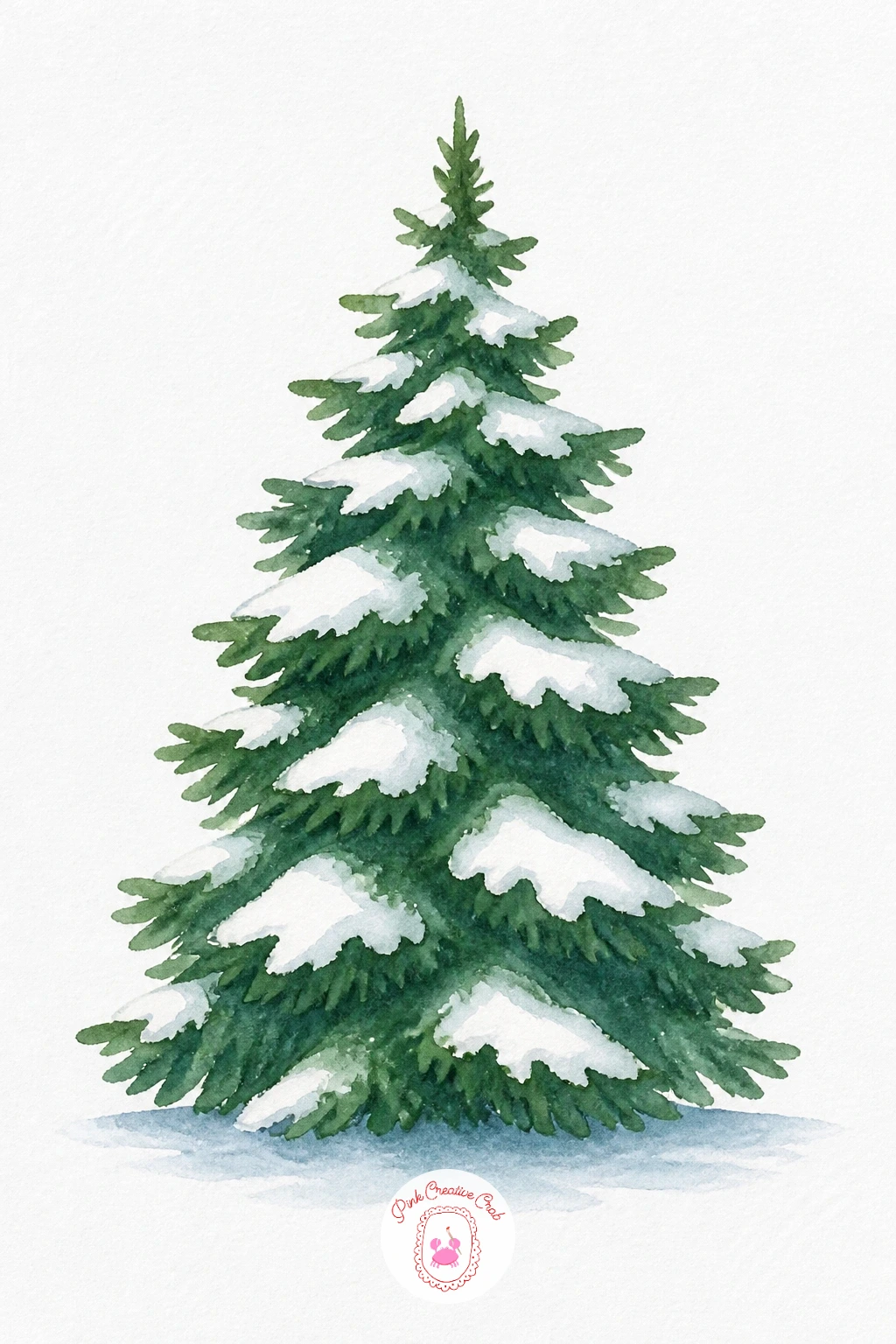 Fir Tree With Snow — Paint the green branch layers first, leaving irregular patches of plain white paper untouched along the top edge of each layer where snow