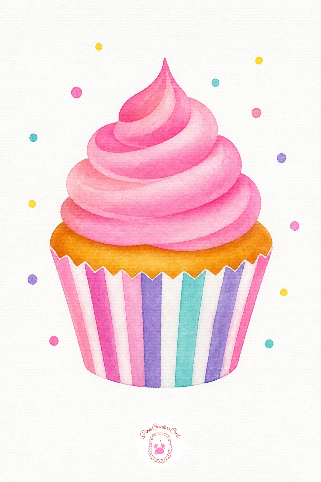 Cupcake — Paint the wrapper first in two alternating bands of Cadmium Red and white paper left bare, then once dry move up to the frosting swirl with a flat