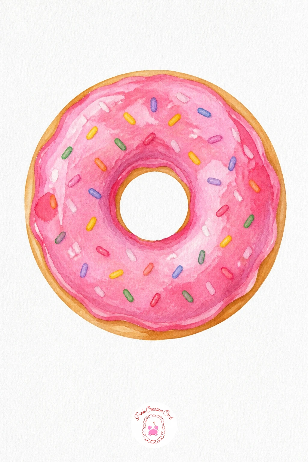 Donut — Wash the whole ring in Opera Pink first, keeping the wash flat and even so the glaze looks smooth and glossy. Food watercolor illustration