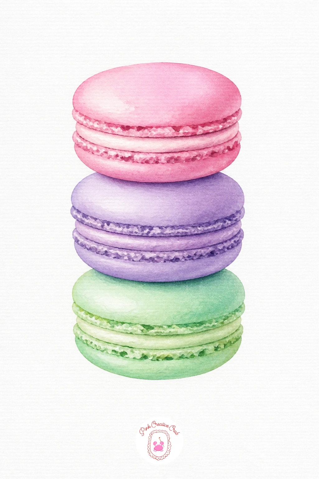 Macaron Stack — Give each macaron its own flat wash, working top to bottom in Opera Pink, Pistachio Green and Lilac so the stack reads as three distinct