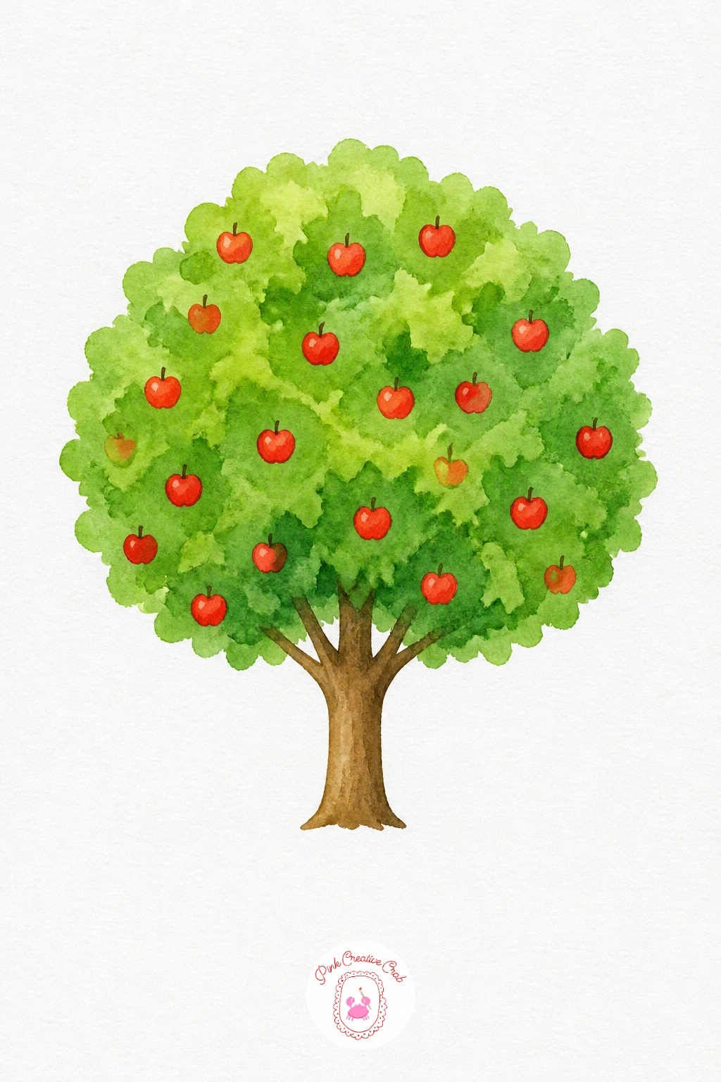 Apple Tree With Fruit — Paint the canopy first in a fresh mid green, letting it dry fully before adding anything else so the apples stay crisp rather than