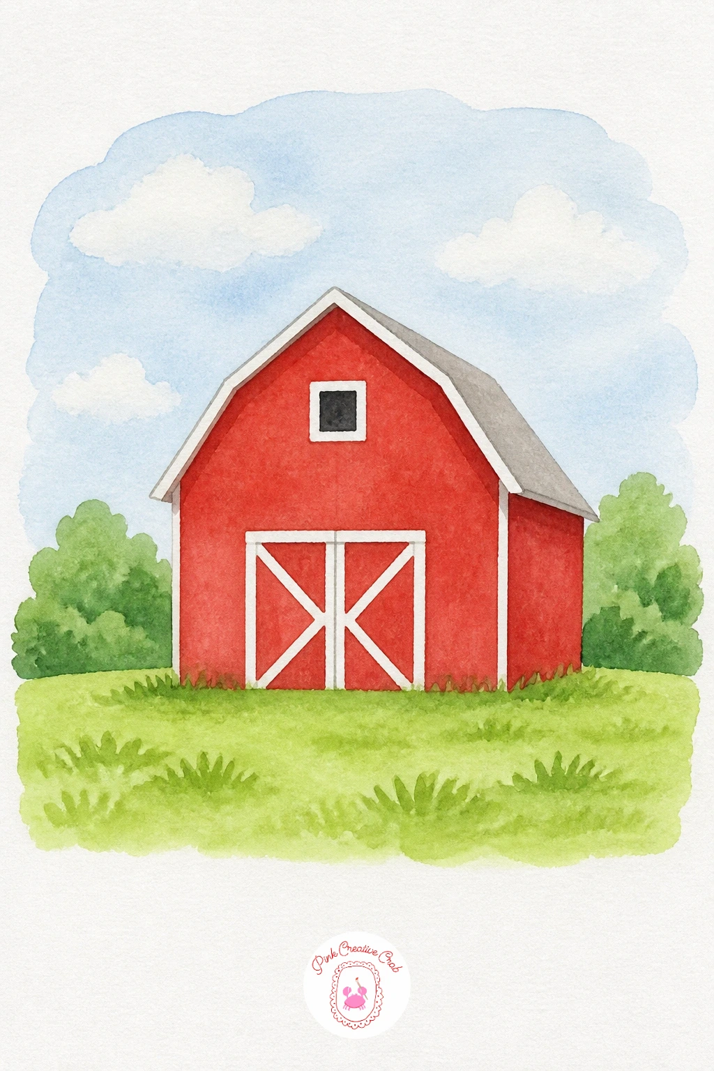 Red Barn in a Field — Paint the sky first with a thin wash of Cerulean Blue, leaving a few soft white clouds untouched, then let it dry fully before moving on.