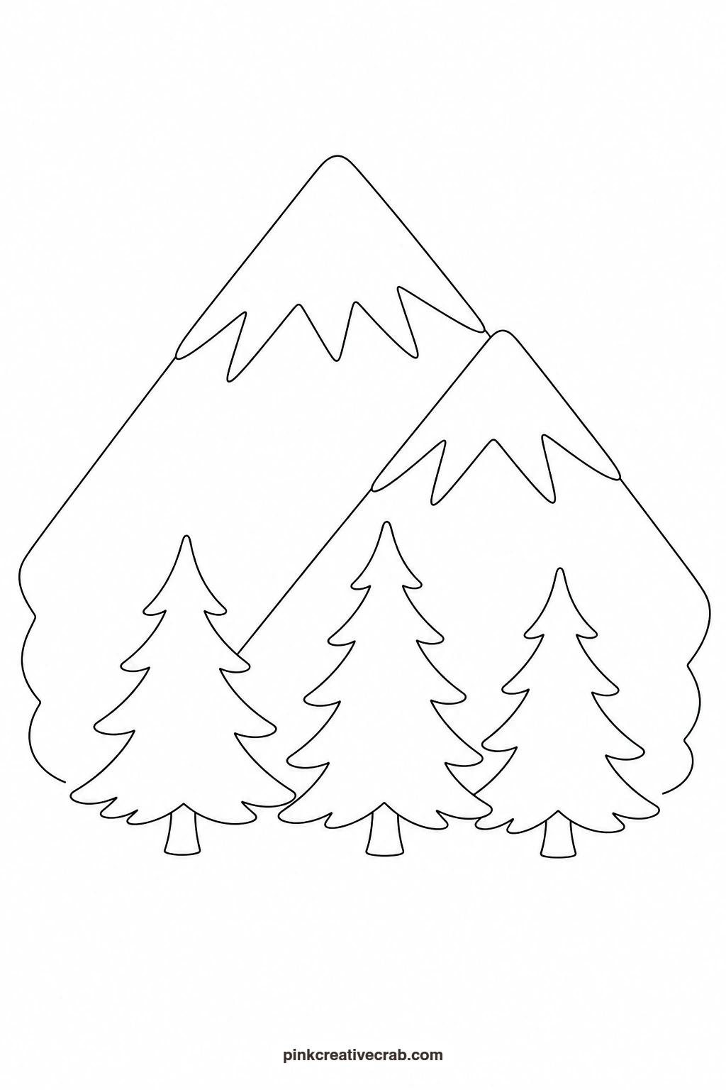 Snowy Mountains With Pine Trees Outline printable page. Watercolor landscape paintings