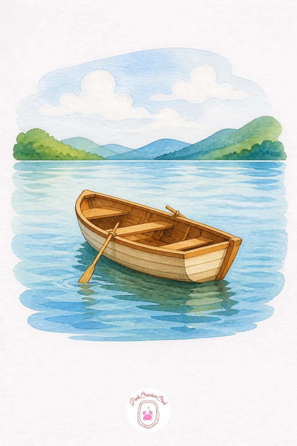 Lake With a Rowboat — Start with a wash of Cerulean Blue across the water, pulling the brush in long flat horizontal strokes so the ripples stay calm rather