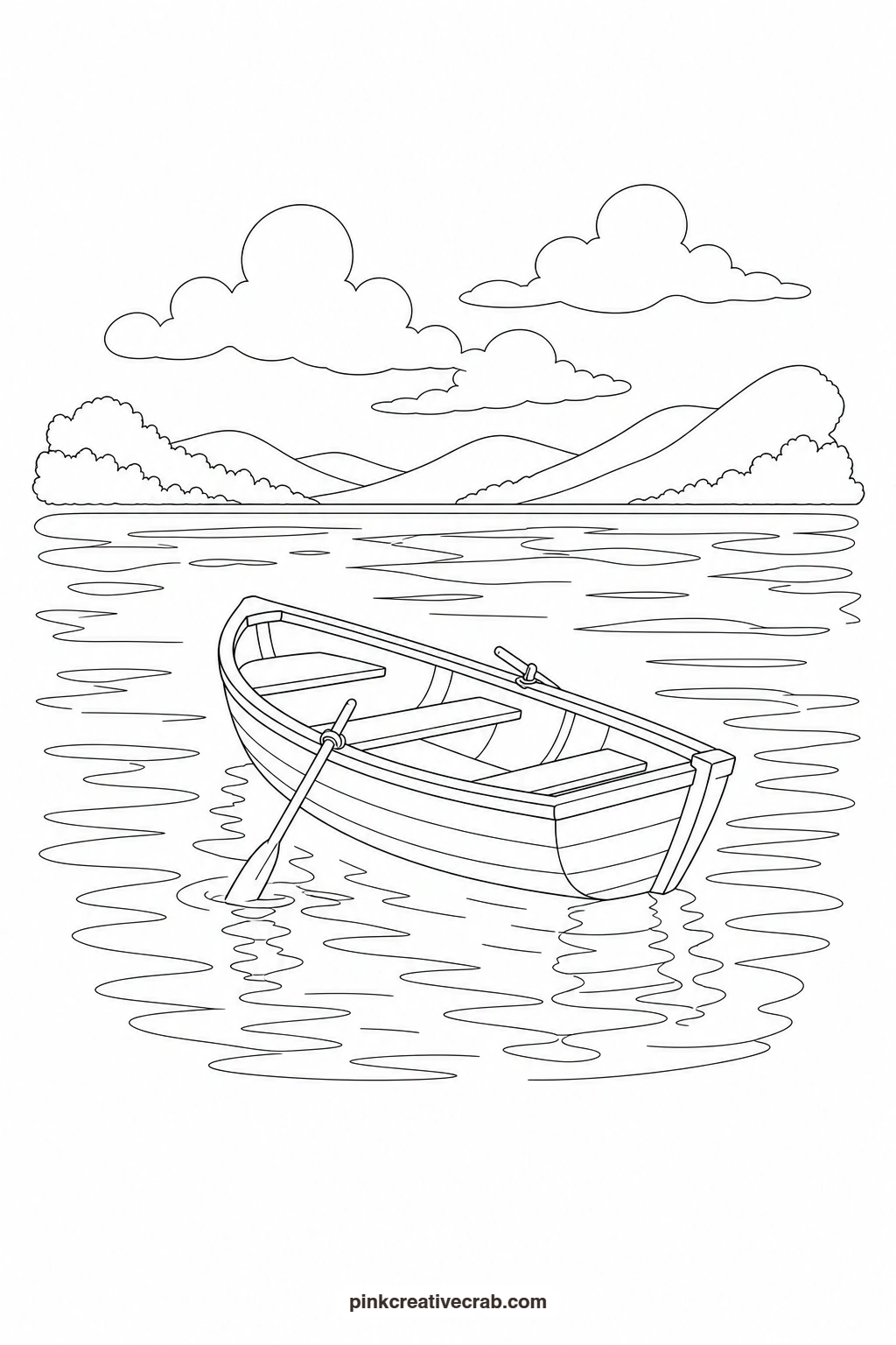 Lake With a Rowboat Outline printable page. Watercolor landscape paintings