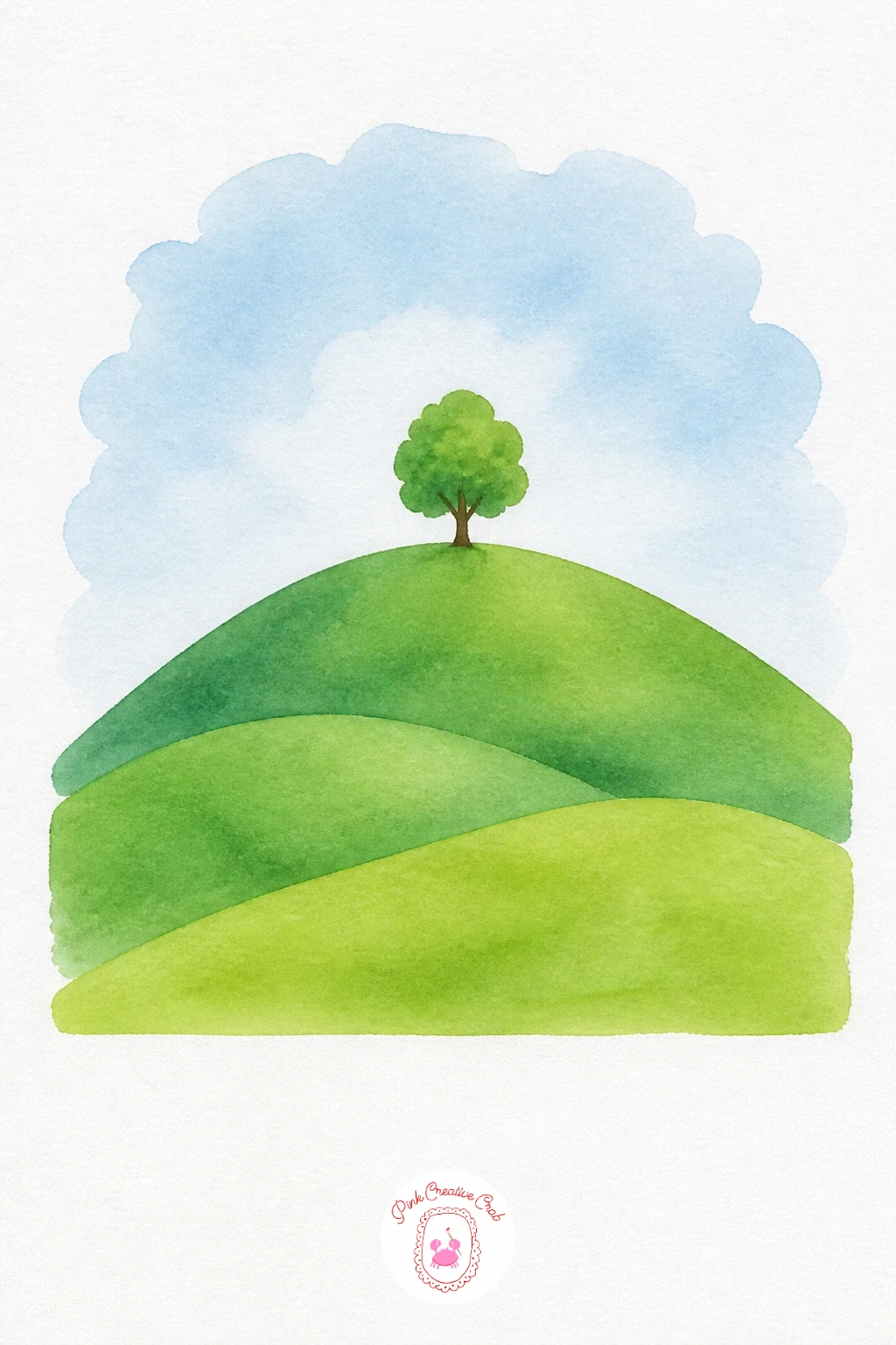 Rolling Hills With One Tree — Lay a pale Cerulean Blue wash across the sky, then let it dry before painting the hills in overlapping bands of Sap Green and
