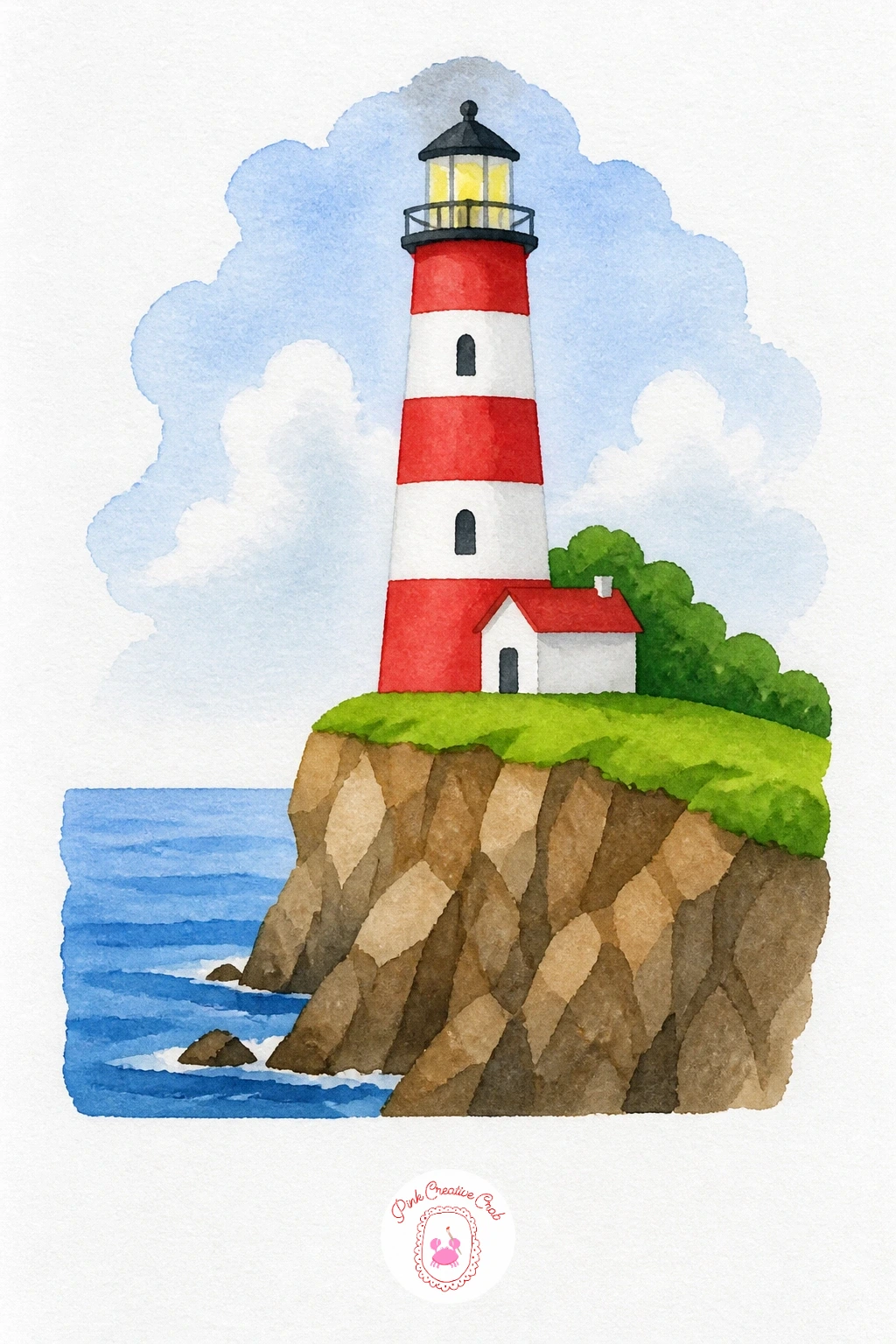 Lighthouse on a Cliff — Paint the sky and sea first with two separate washes of Cerulean Blue, the sea slightly deeper in tone, and leave a clean white gap