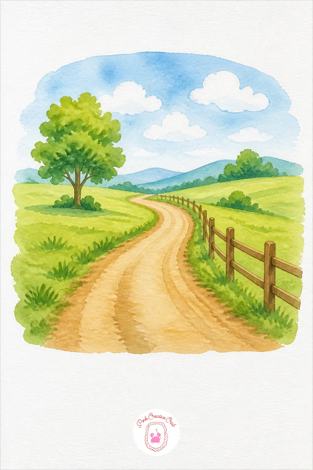 Country Road With a Fence — Wash the sky pale and let it dry, then paint the grass in Sap Green on both sides of the road, leaving the road itself bare white