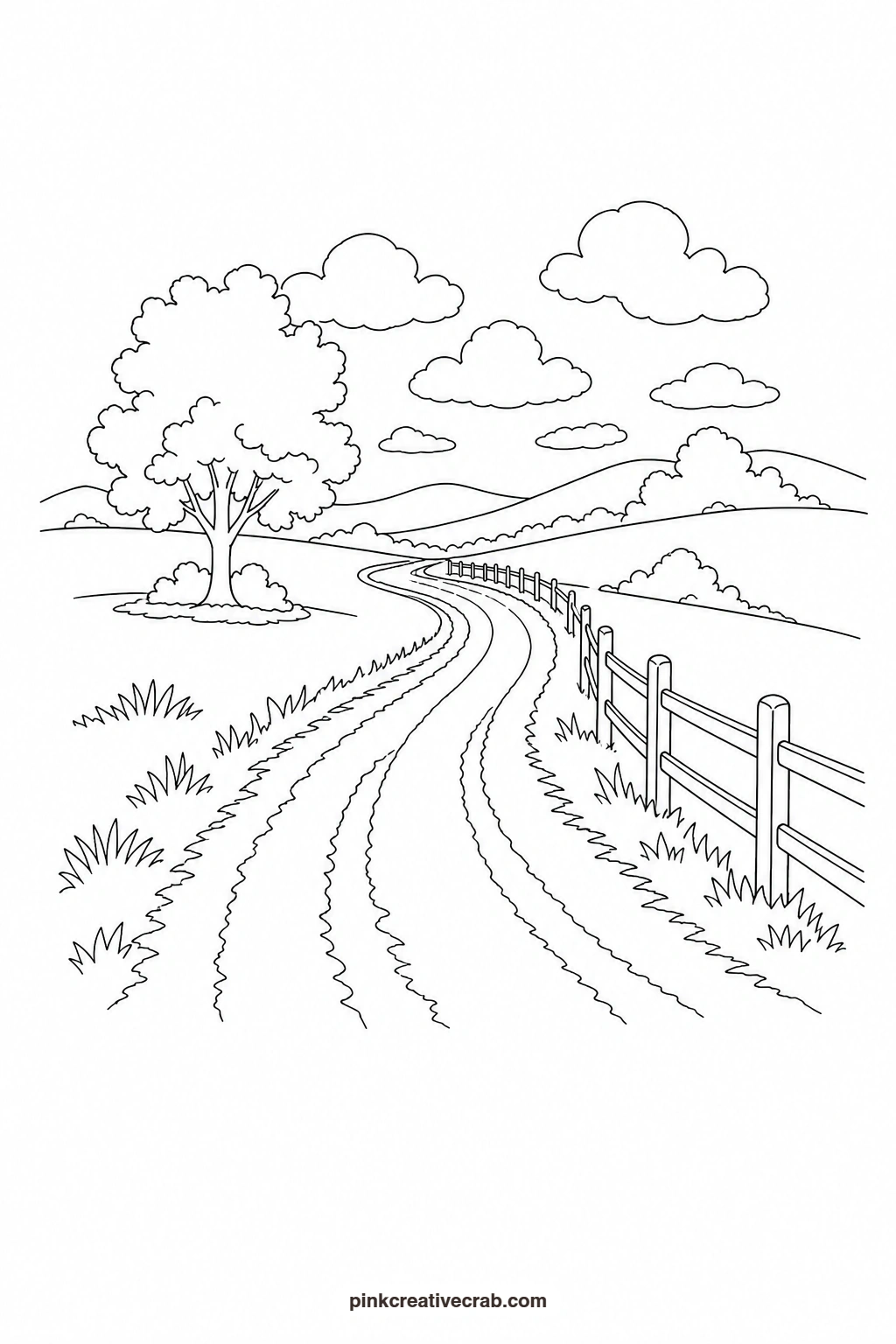 Country Road With a Fence Outline printable page. Watercolor landscape paintings