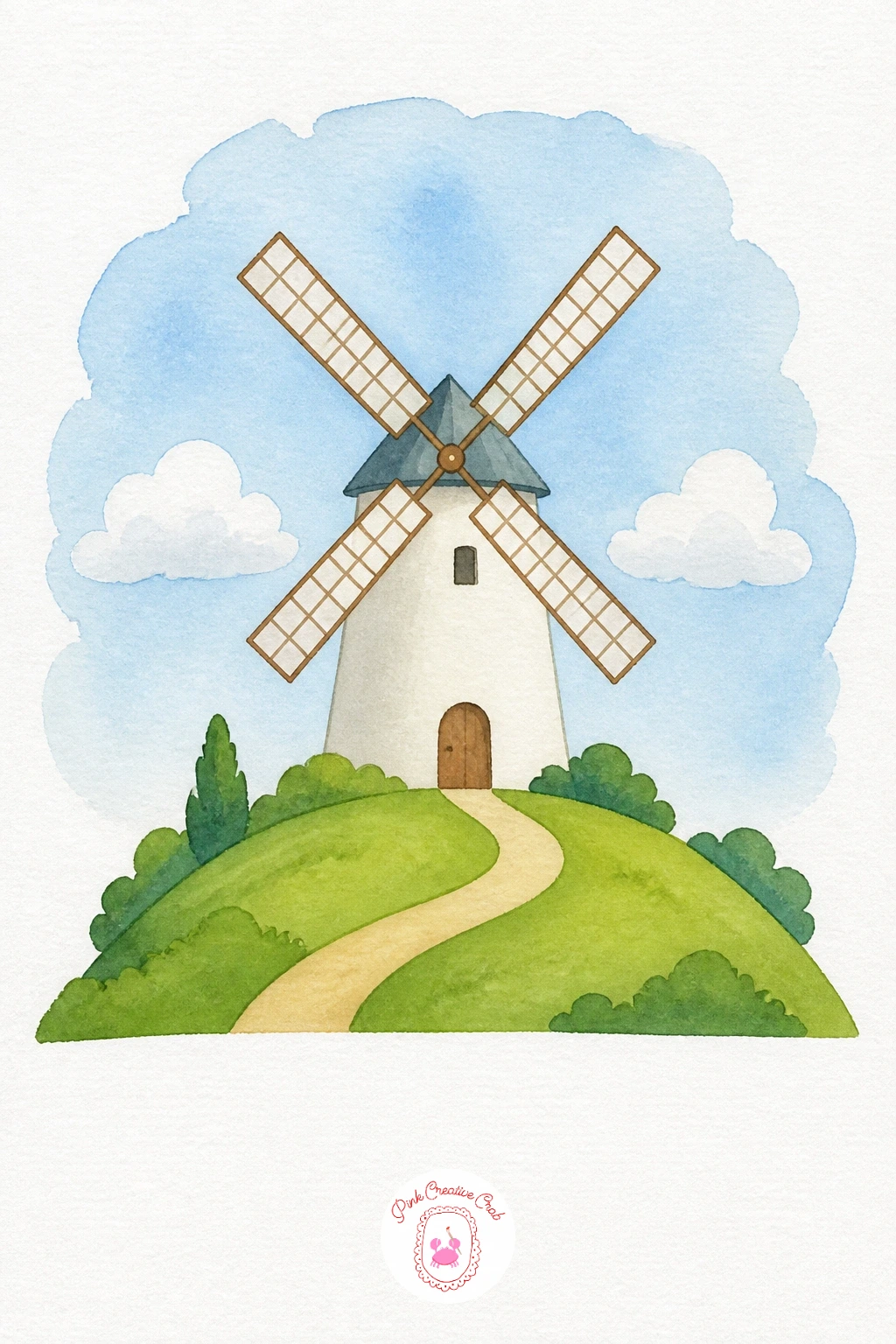 Windmill on a Hill — Paint the sky in a light Cerulean Blue wash, dabbing out a cloud shape or two with a dry tissue while it is still damp. Watercolor