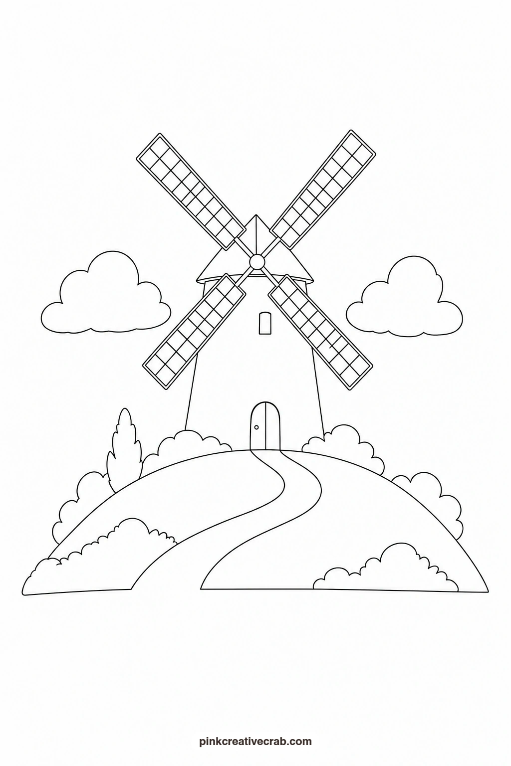Windmill on a Hill Outline printable page. Watercolor landscape paintings