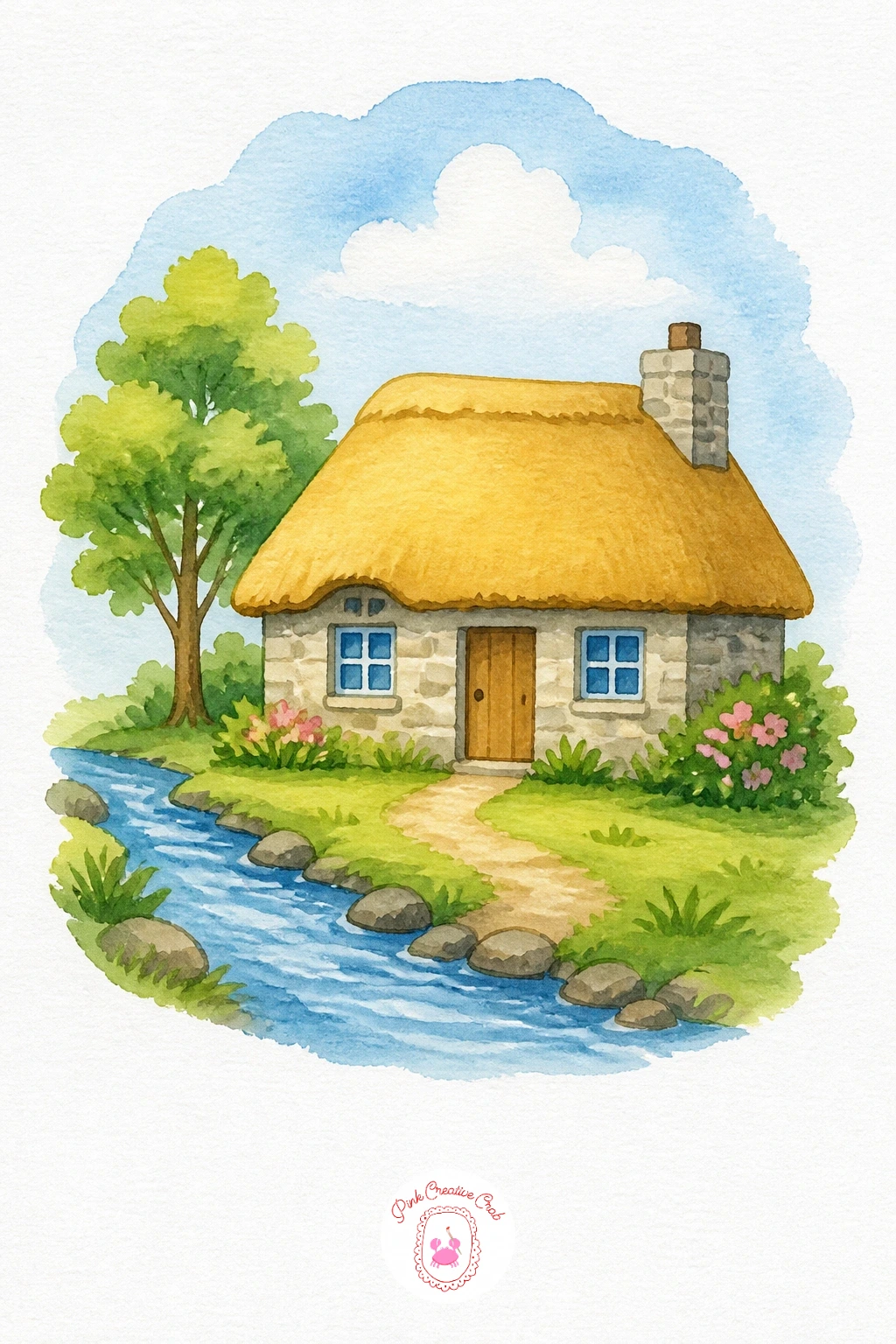 Cottage by a Stream — Paint the roof in warm Yellow Ochre with short choppy strokes to suggest thatch, then fill the cottage walls in a pale Raw Umber wash