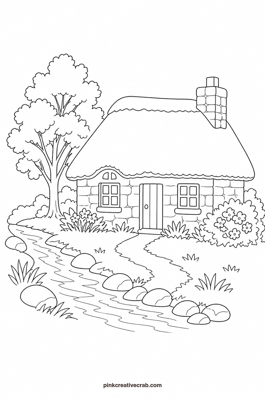 Cottage by a Stream Outline printable page. Watercolor landscape paintings