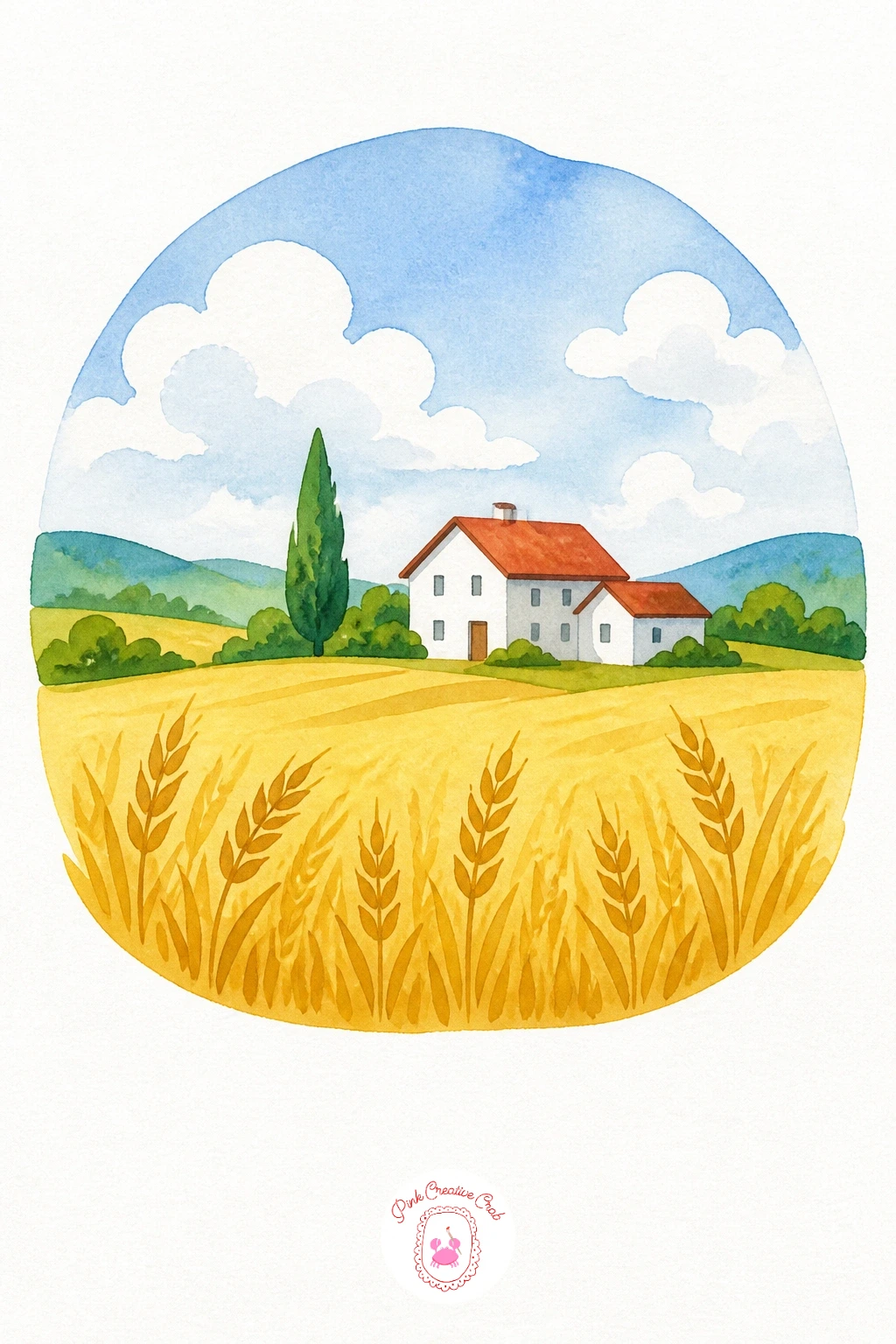 Wheat Field With a Farmhouse — Wash the sky pale blue and let it dry completely before the wheat, since any overlap will muddy the warm tones. Watercolor