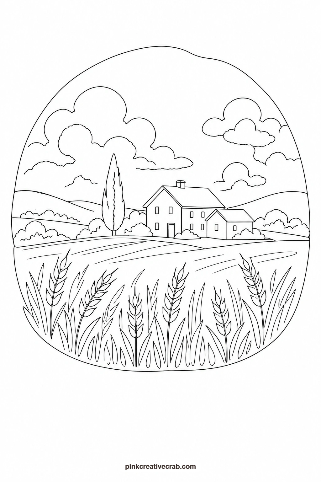 Wheat Field With a Farmhouse Outline printable page. Watercolor landscape paintings
