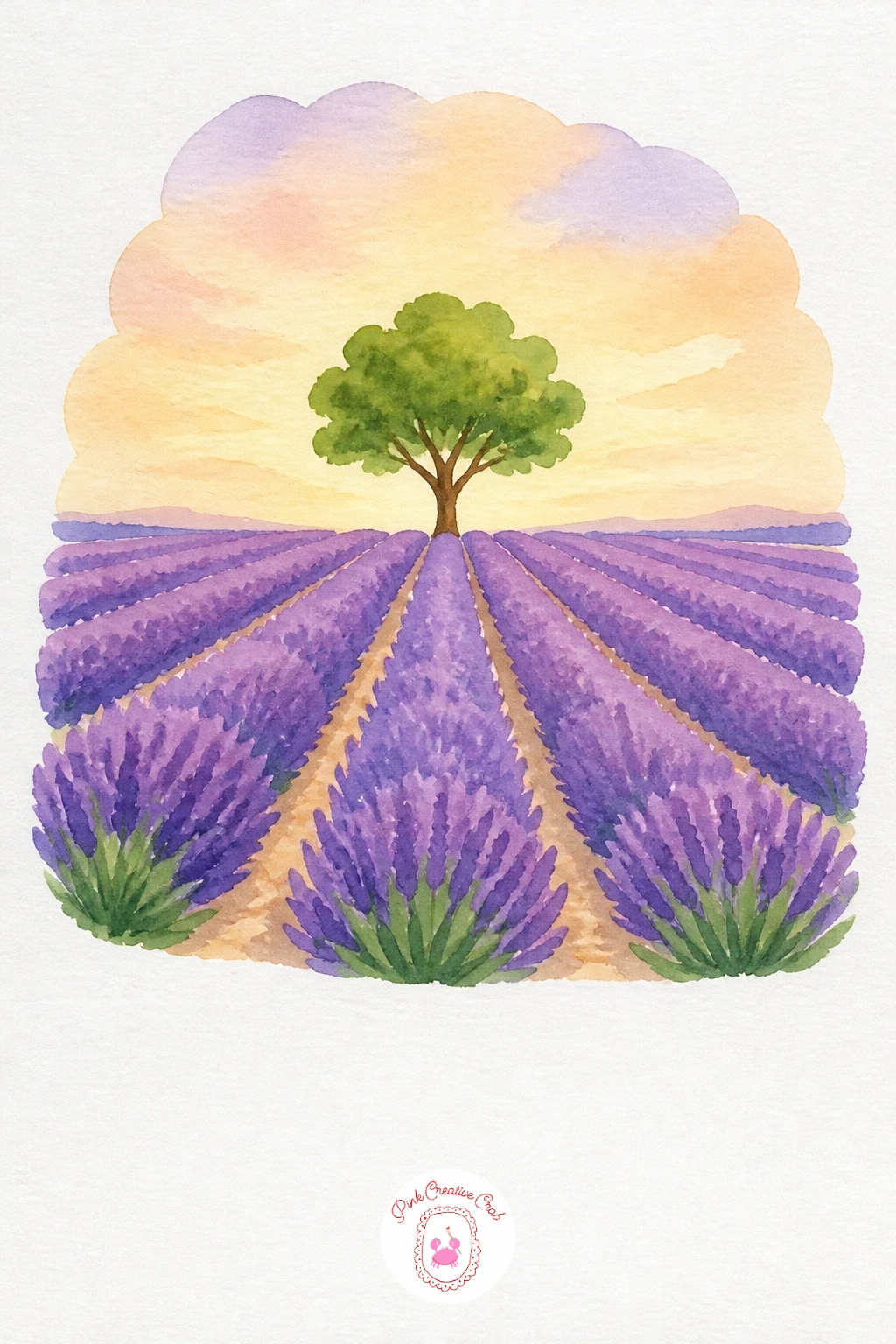 Lavender Field With a Tree — Paint the sky in a soft wash with a hint of pink mixed into the blue near the horizon for a warm glow. Watercolor landscape