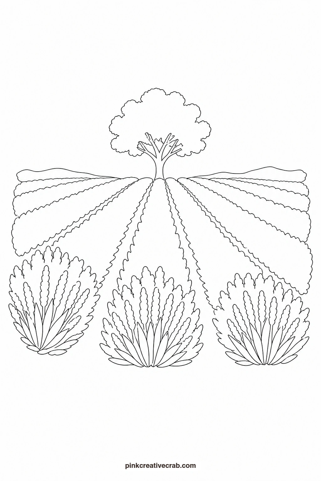 Lavender Field With a Tree Outline printable page. Watercolor landscape paintings