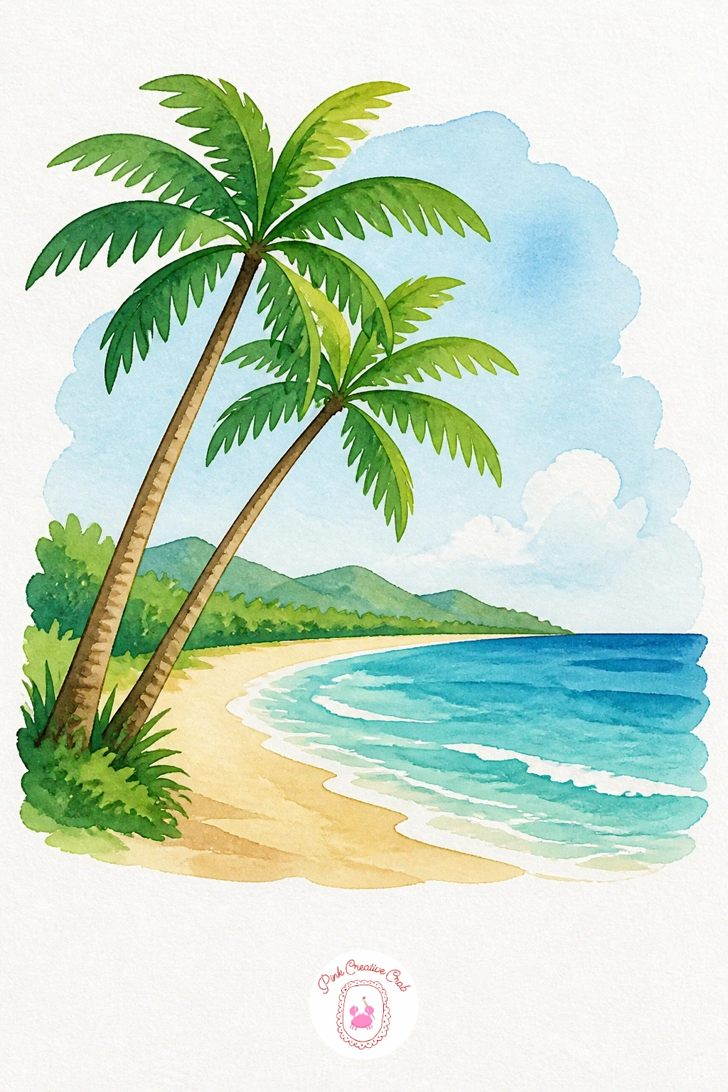 Palm Beach — Paint the sea first in Turquoise with a slightly deeper line of Cerulean Blue near the horizon, then let it dry before adding the sand in a pale