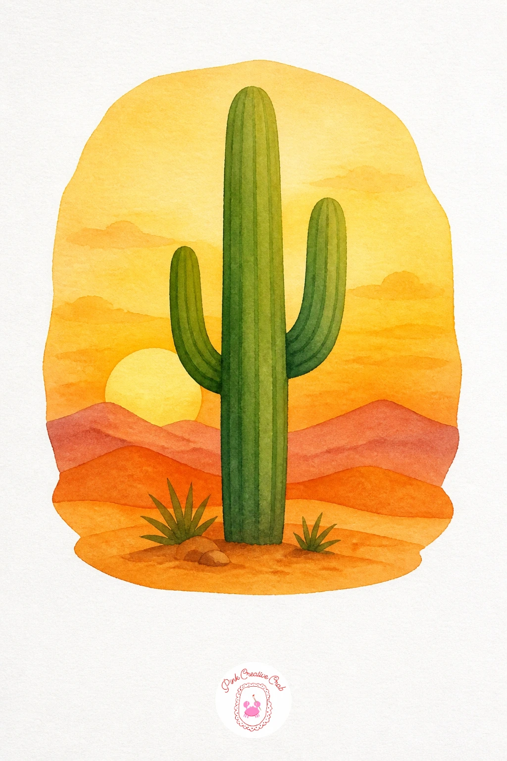 Desert With a Cactus — Paint the sky in a warm blend of Cadmium Yellow fading into a soft Burnt Orange near the horizon, working wet into wet so the colours