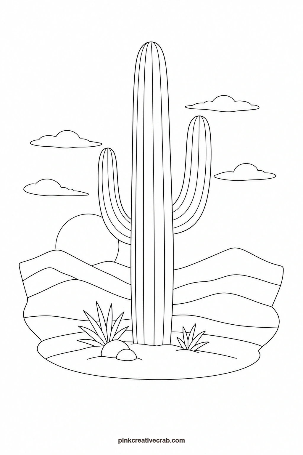 Desert With a Cactus Outline printable page. Watercolor landscape paintings