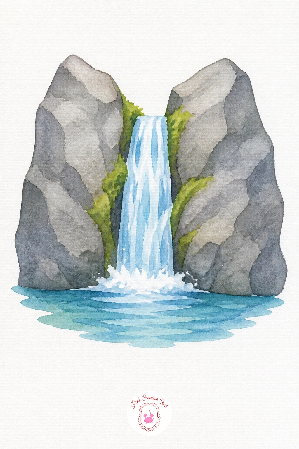 Waterfall Between Rocks — Mask off the waterfall shape with masking fluid first so the white paper stays protected, then paint the rocks around it in Payne's