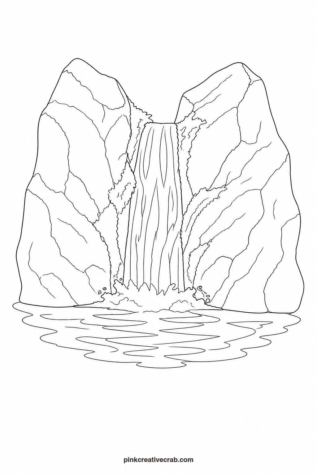 Waterfall Between Rocks Outline printable page. Watercolor landscape paintings