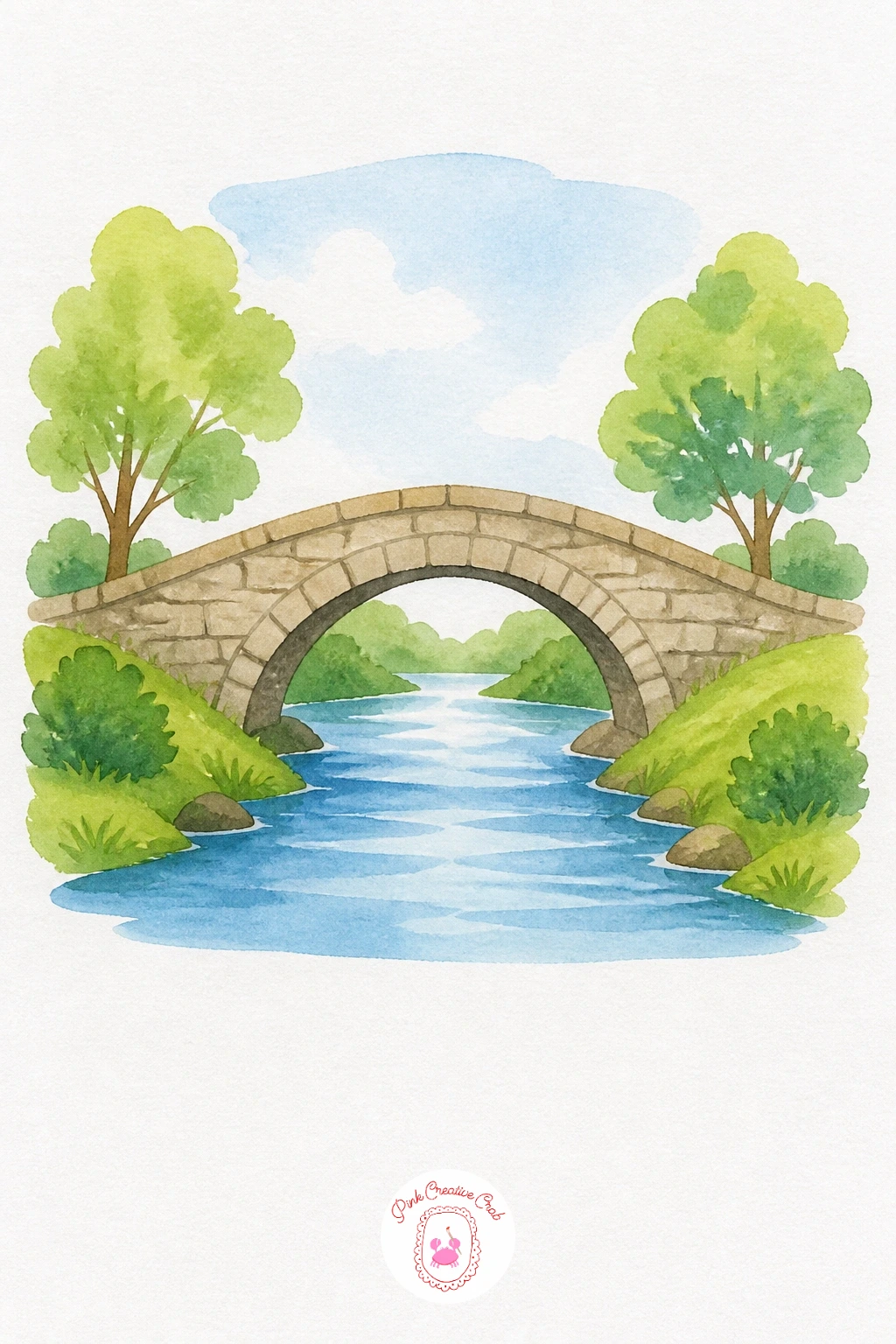 Bridge Over a River — Paint the sky and river in matching pale Cerulean Blue washes so they feel connected, leaving the bridge arch as untouched white paper.