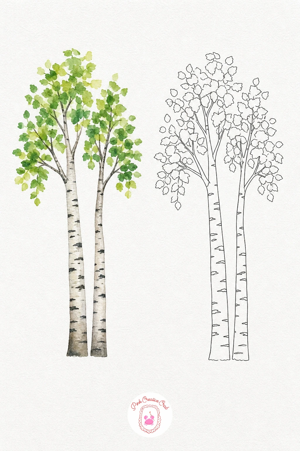 Birch Pair — Leave the trunks almost white, just a very pale grey wash, since the pale bark is the whole point of a birch. Watercolor trees