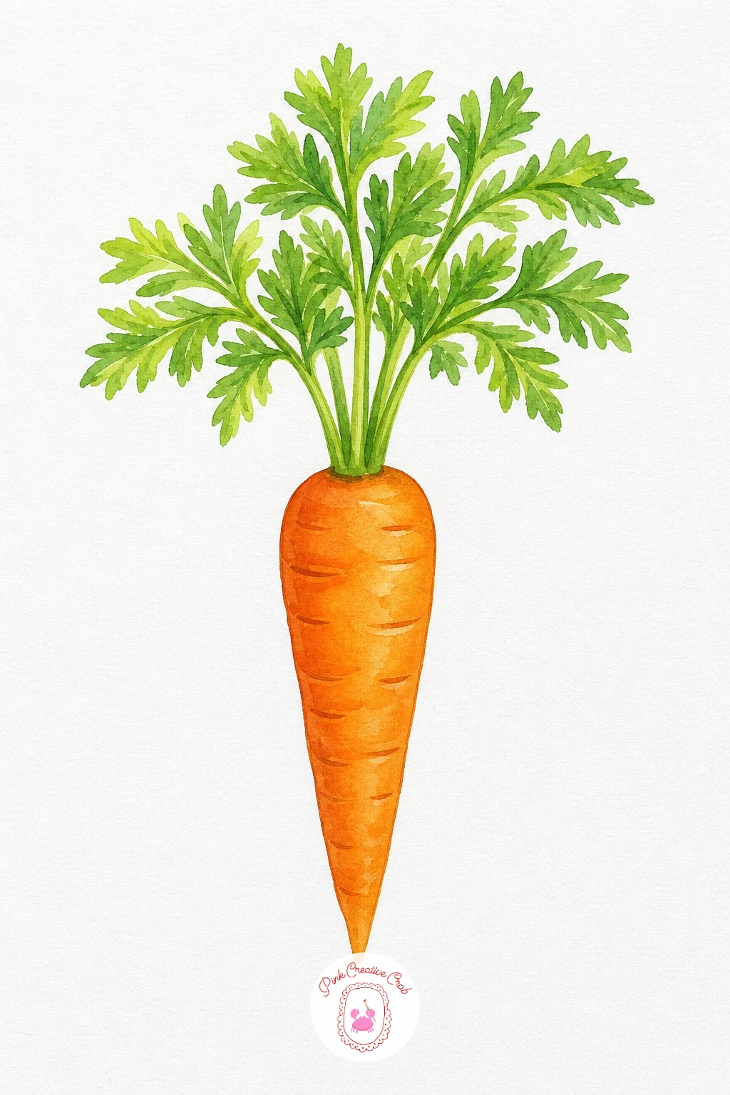 Carrot With Leaves — Lay a wet wash of orange across the whole root first, then drop a touch of burnt sienna near the top where the carrot meets the leaves and