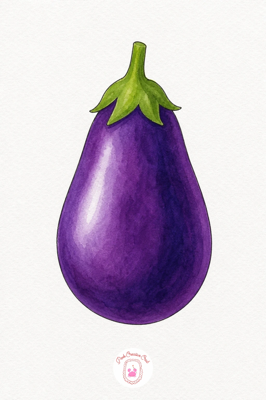 Eggplant — Wet the whole eggplant shape and float in a deep violet, letting it pool darker along the lower curve while you preserve a soft streak of lighter