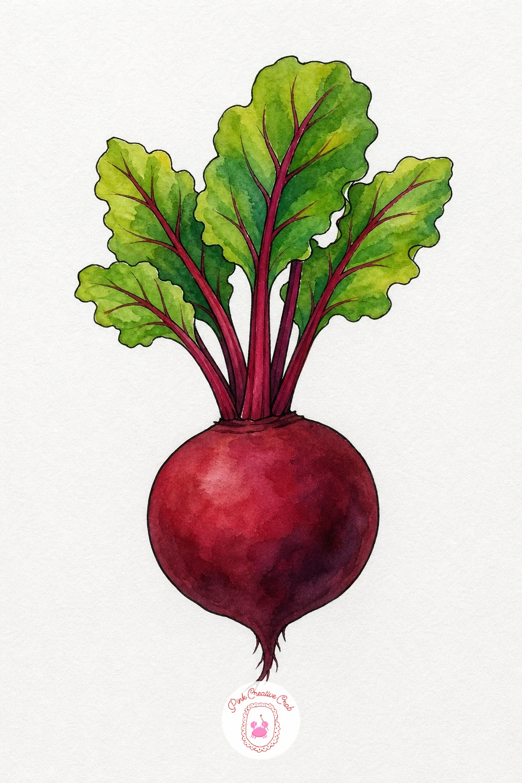 Beetroot — Lay down the round root first in a wash of alizarin crimson, letting the color pool a touch darker at the base, then let it dry before painting the