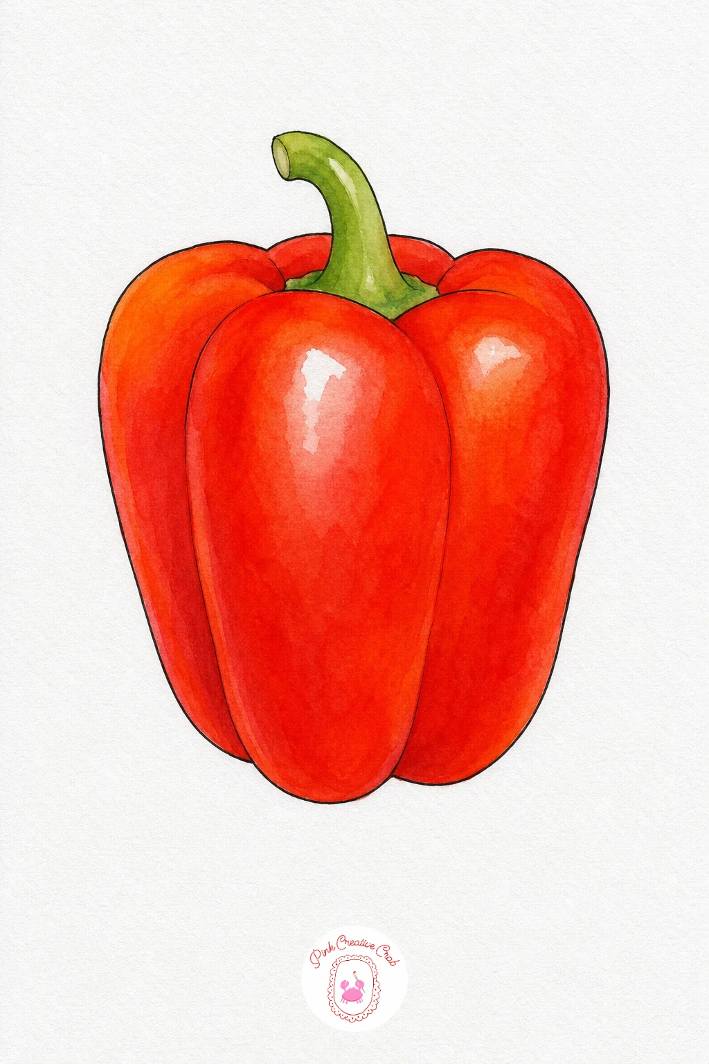 Bell Pepper — Wet the whole pepper and drop in cadmium red at the top, letting it shift into orange toward the base while the paper is still damp, which gives