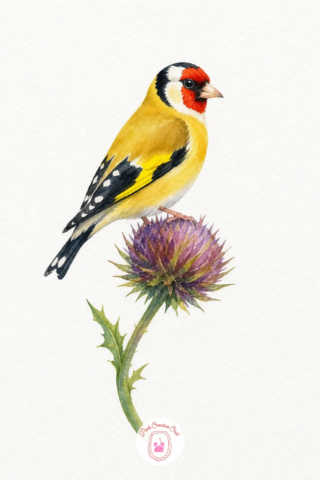 Goldfinch on a Thistle — Lay a flat lemon yellow wash across the whole body first, then once dry, paint the black cap and wing in one confident shape rather