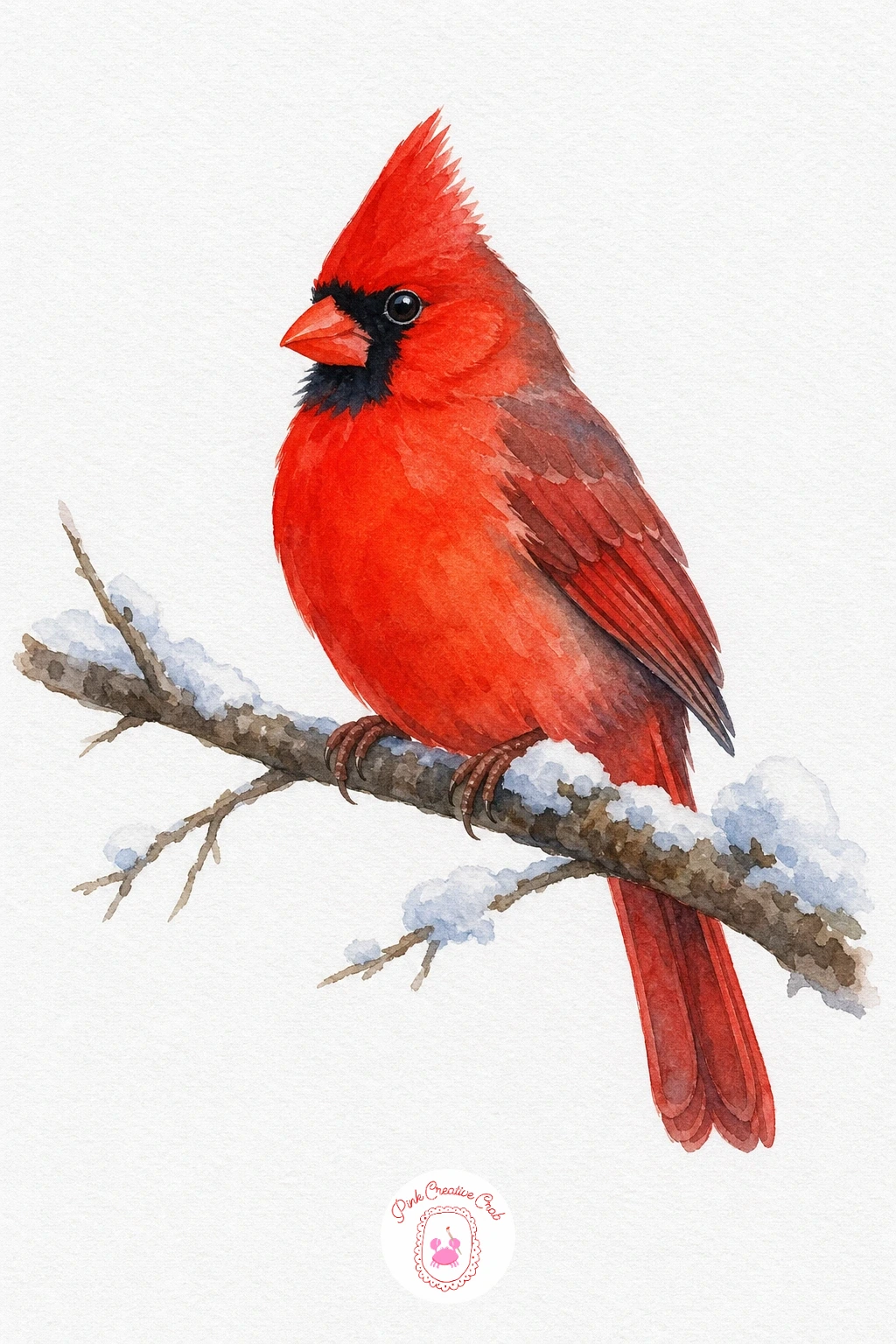 Cardinal in Snow — Paint the whole bird shape in a strong cadmium red wash first, keeping the colour flat and even across the body and crest. Watercolor birds