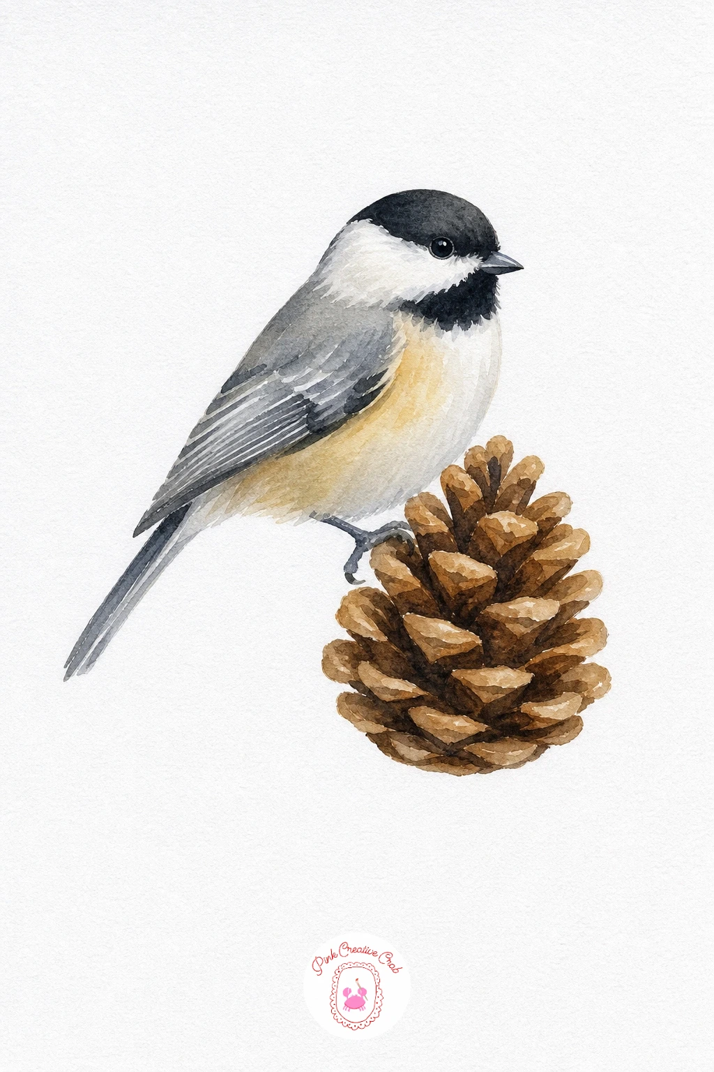 Chickadee on a Pinecone — Paint the black cap and bib first as two clean flat shapes, leaving the white cheek patch as bare paper between them. Watercolor birds
