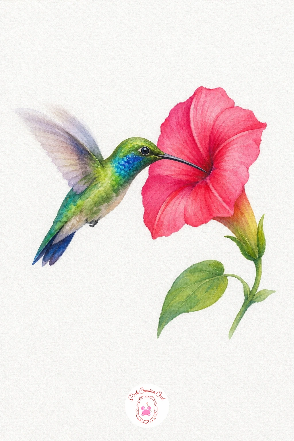 Hummingbird at a Flower — Paint the body in emerald green, dropping a touch of turquoise into the throat while wet so it shimmers slightly the way real