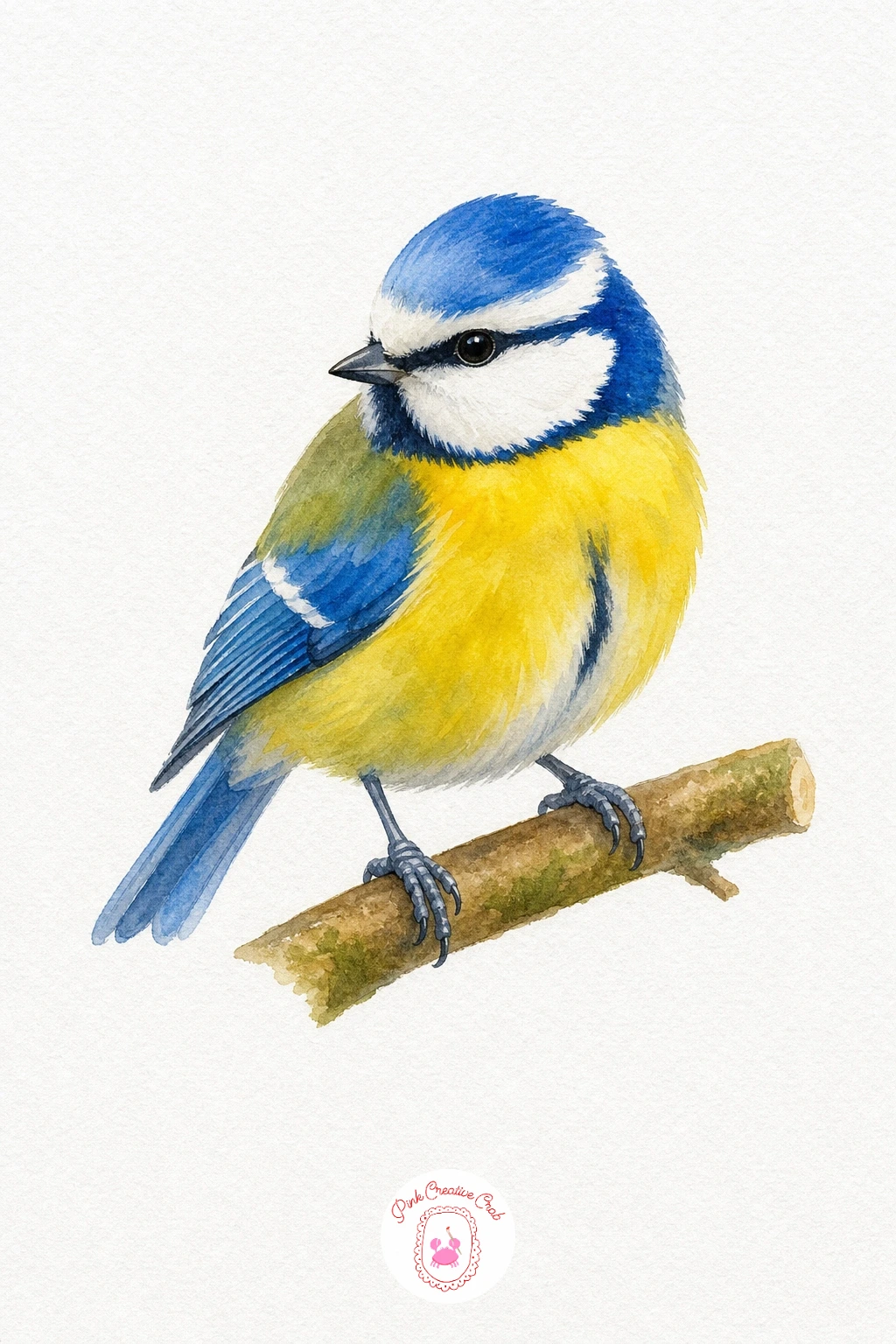 Blue Tit on a Branch — Paint the yellow belly first as a clean flat wash, then once dry add the blue cap and wing as confident separate shapes rather than