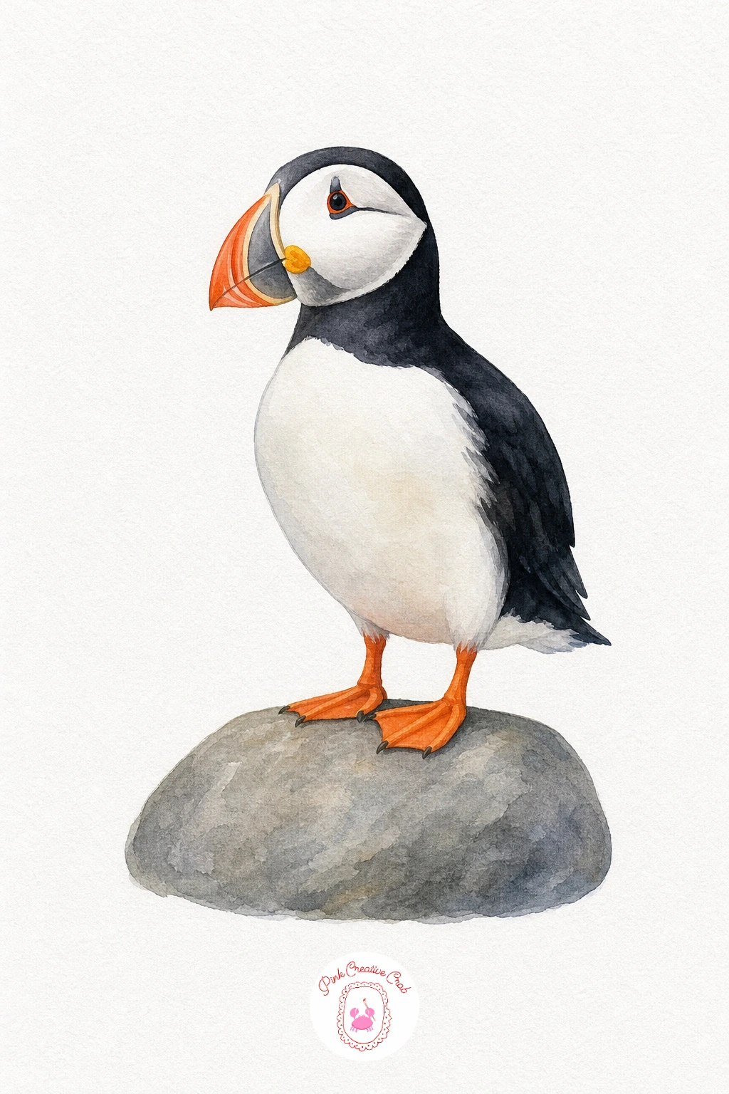 Puffin on a Rock — Paint the black parts of the body first in one flat even wash, leaving the white face and belly as bare paper. Watercolor birds
