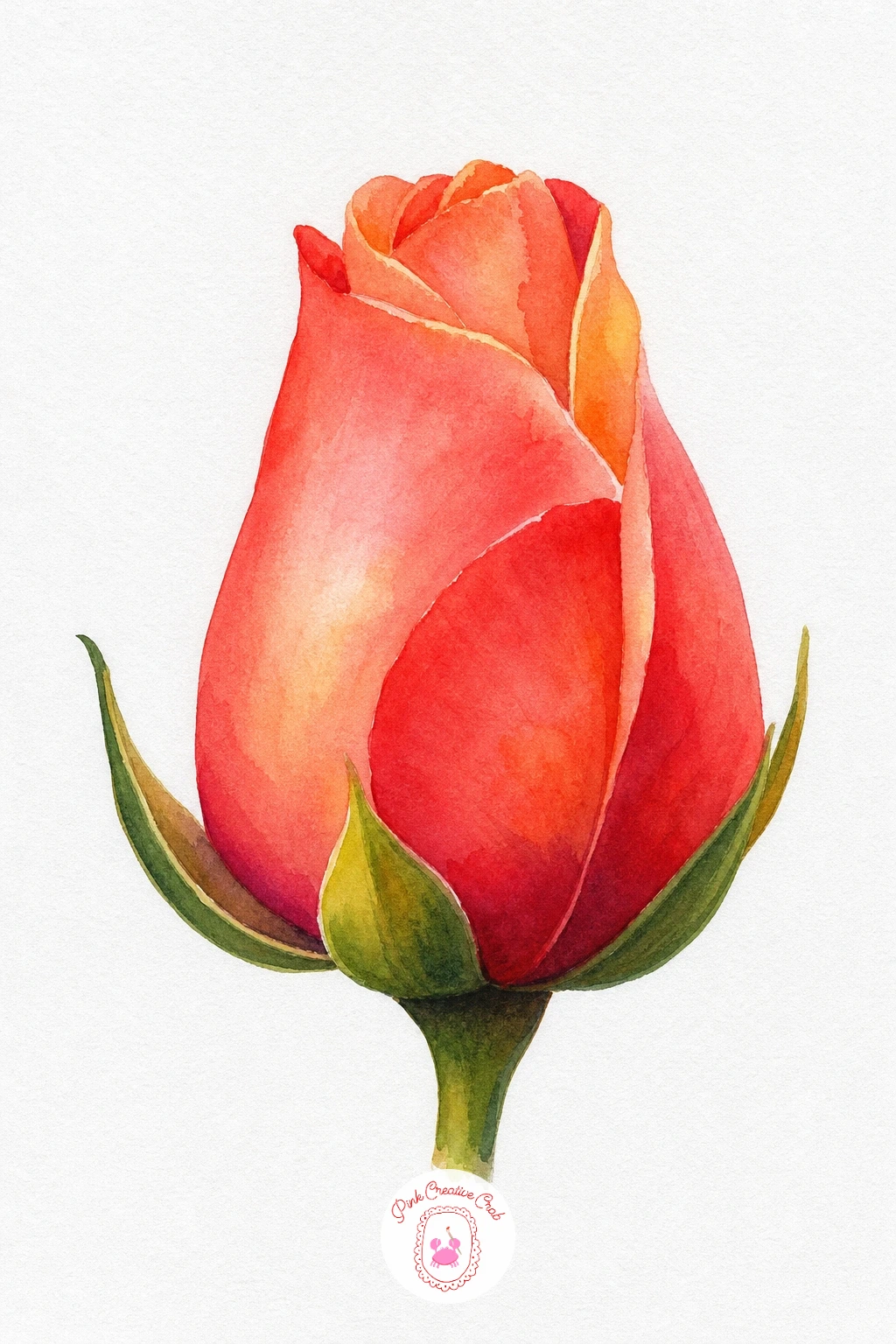 Large Rose Bud — Start with the palest pink wash across the whole bud, then drop a stronger coral into the lower curls while the paper is still damp so the