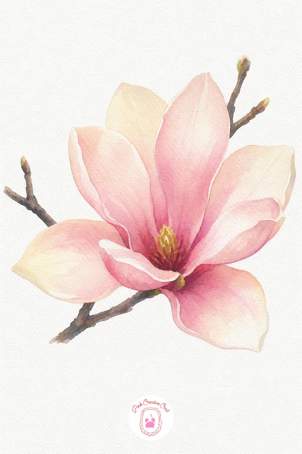 Magnolia — Each petal gets its own wash, pink at the base fading up to near white at the tip, blended while damp so there is no hard line between the two.