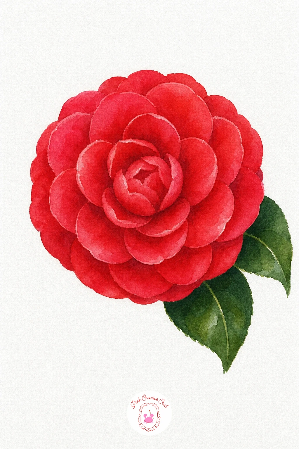Camellia — Lay a mid pink wash across every petal first so the whole flower reads as one shape, then go back in with stronger rose red along the inner petals