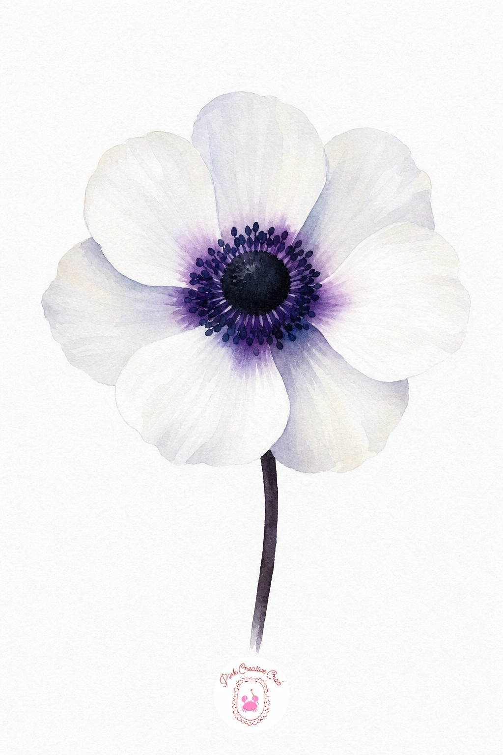 White Anemone With Dark Center — Leave the petals almost entirely bare paper, just a whisper of pale grey blue in the shadowed folds so they do not look flat.