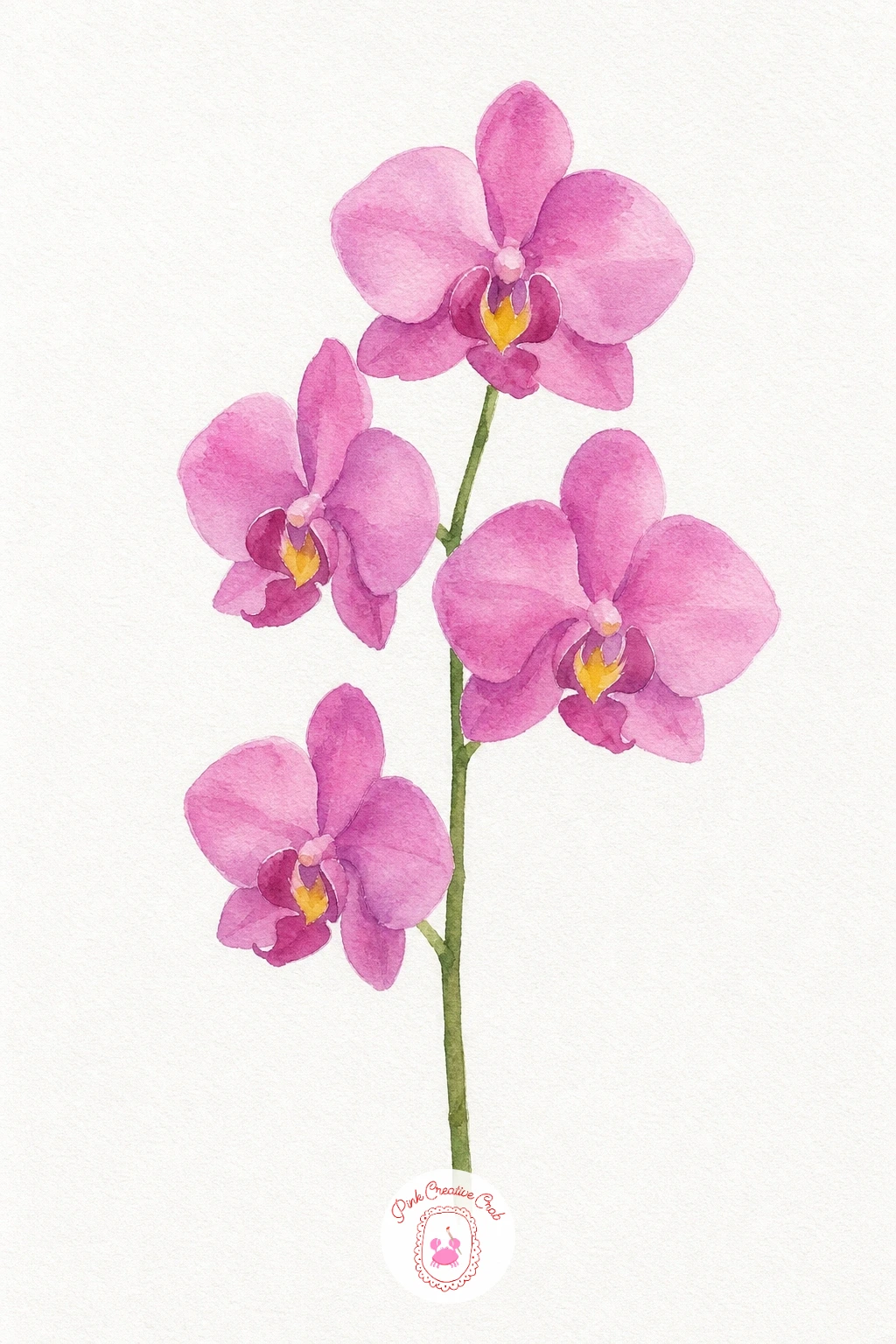 Orchid Stem — Paint each orchid flower with the same pale purple pink wash so the stem reads as one plant, then while each bloom is still slightly damp, touch